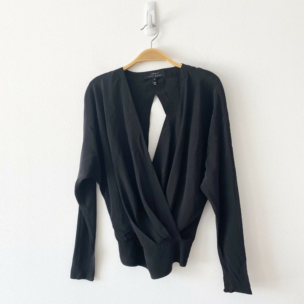 Robert Rodriguez Silk Black Low V-neck Blouse Sz 2